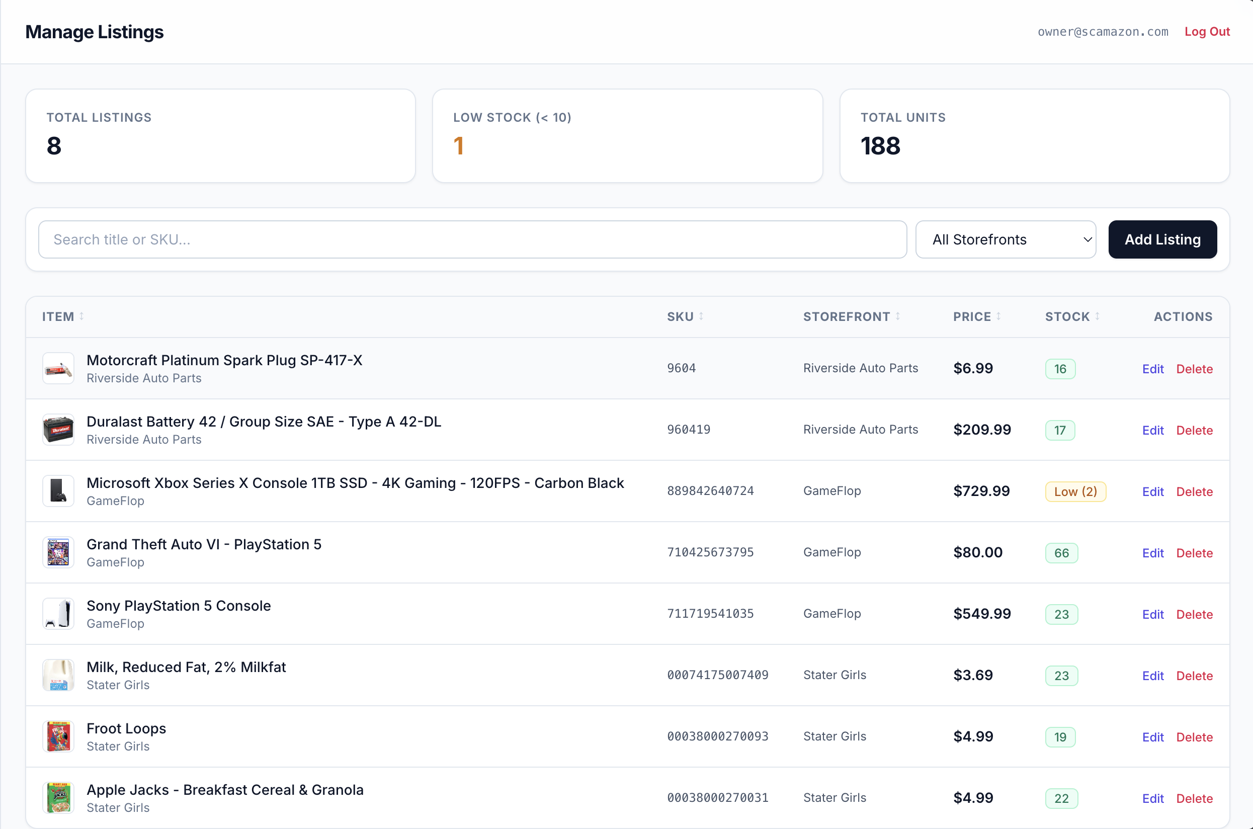 The listings page of the owner panel.